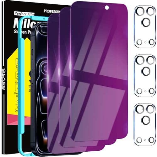 Image of Milomdoi 3 Pack Gradient Colorful Privacy Screen Protector for iPhone 17 Pro [Anti-Blue Light Private Film], 3 Pacs Camera Lens Protector Accessories, Case Friendly, Anti-Spy Tempered Glass,Purple
