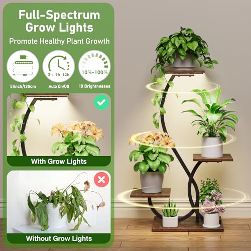 BACEKOLL Pflanzenständer mit Wachstumslicht - 4 Ebenen Blumenständer 81cm Metall Holz Pflanzenregal - Innen & Außen Blumentreppe - Dekoratives Schwarz Blumenregal für Indoor Garten Balkon