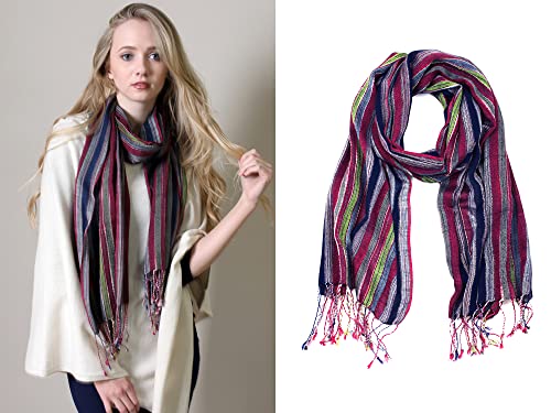 (4 COLORS) Multicolor Shimmer Metallic Stripe Scarf, Women's Lightweight Jewel Pashmina Tassel Shawl2