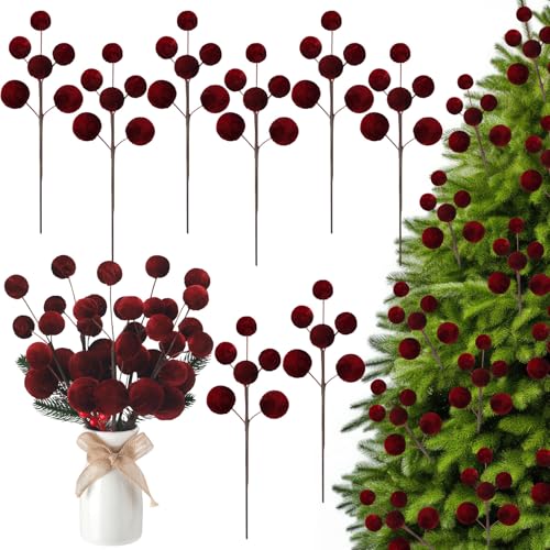 Suncalla 8 Pcs Burgundy Christmas Picks 14 inch Velvet Christmas Tree...