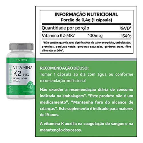 Vitamina K2 Mk7 - Menaquinona 100mcg - 60 Capsulas - Lauton