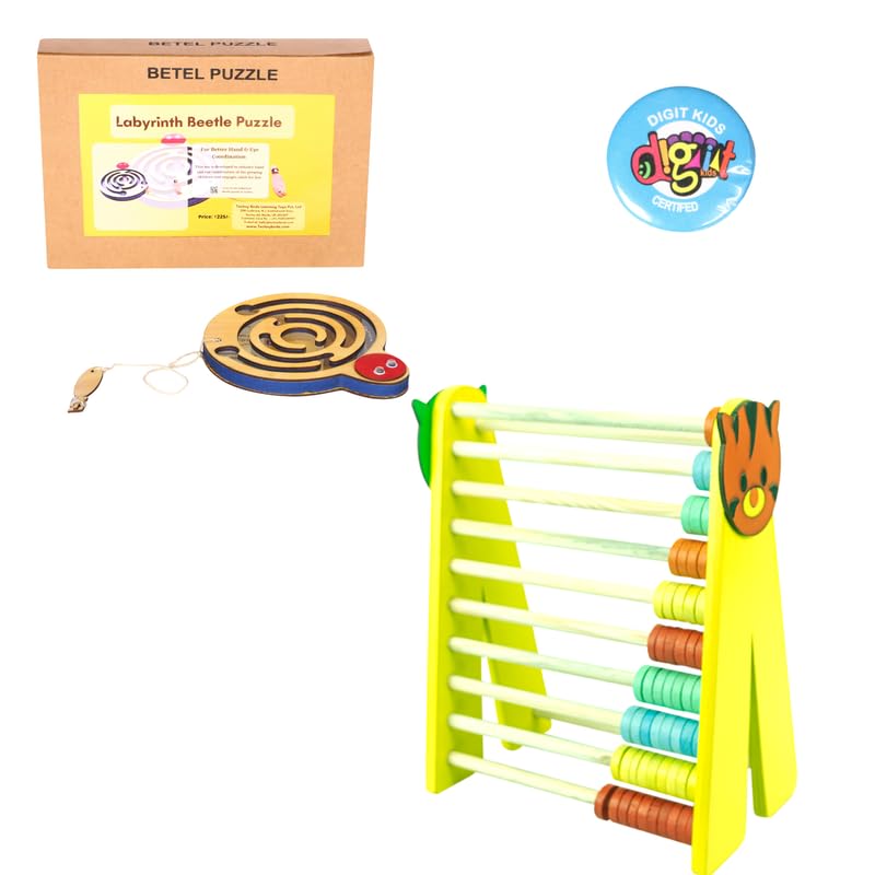 Technybirds Wooden Beetle Maze Puzzle, Wooden Toy Abacus, and Badge Combo | Educational Toys for Kids | Montessori Learning Toys | Problem-Solving | Counting and Fine Motor Skills Development