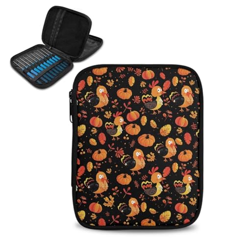 Yuresuaet Thanksgiving Turkey Crochet Hook Organizer Case Zipper Crochet Storage Bag Organizer with Mesh Pocket Delicate Crochet Hook Holder for Carrying Various Crochet Needles and Accessories