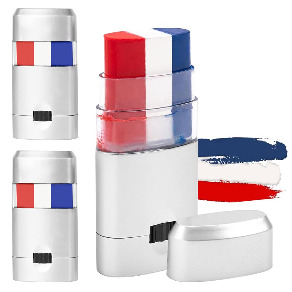 NAVESO Maquillage Bleu Blanc Rouge, 3 Stick Maquillage Bleu Blanc Rouge, Supporter France EM 2024, Crayon de Maquillage France, Kit Supporter France, Drapeau France Maquillagem pour France EM 2024