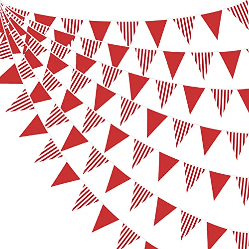 32Ft Red White Stripe Fabric Bunting Banner Party Decorations Triangle Flag Pennant Garland for Wedding Birthday Baby Shower Engagement Carnival Picnic Outdoor Garden Hanging Festivals Decor Supplies
