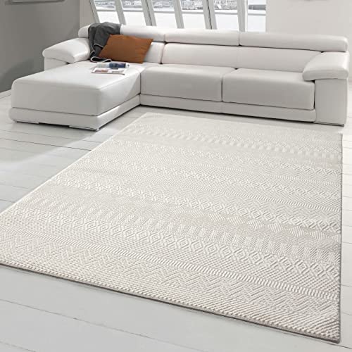 Teppich-Traum Recycel Kurzflorteppich Hoch Tief Effekt • kleine Zig-Zag Rauten Kreuzchen Creme,...