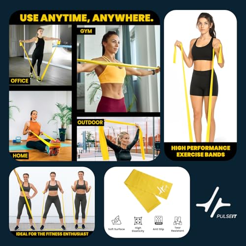 Image of PulseITThera Resistance Bands for Workout. Pilates, Yoga & Home Exercise Bands. Latex Thera Bands for Gym, Strength Training, Stretching & Toning. Fitness Bands for Men & Women (Yellow)