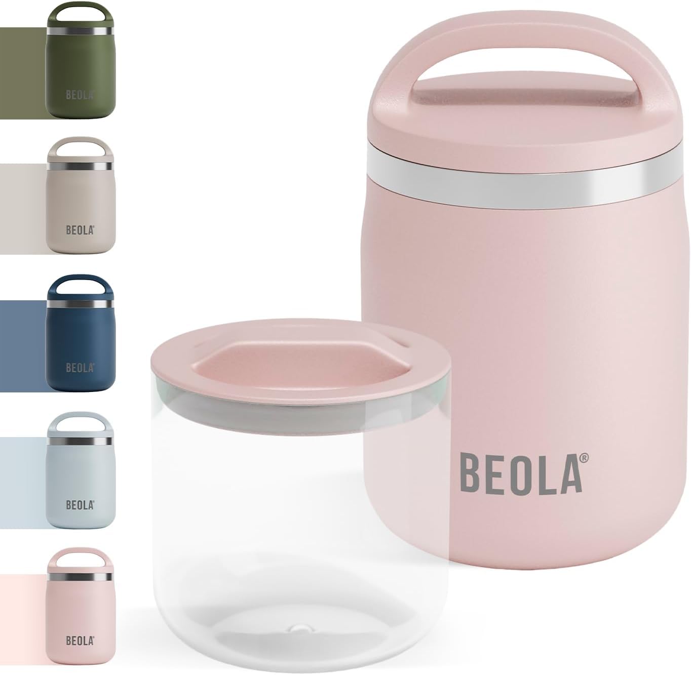 BEOLA 600ml Food Jar Lunch Box Food Thermos Stainless Steel Double Wall Insulated Travel Food Flask with Snack Tritan Container for Kids, Adults, 20oz (Blush Pink)