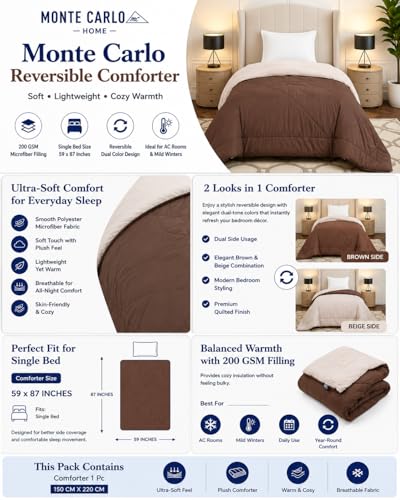 Image of Monte Carlo Polyester Comforter Single Bed | 200 GSM Lightweight & Reversible | Soft Quilt for Mild Winter | Easy Care All Season Comforter (Beige) | 59 x 87 Inches