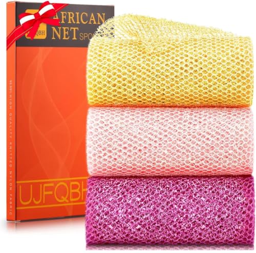 Image of UJFQBH 3 Piece Bright Style African exfoliating net Exfoliating Shower Set Long Bath Sponges for Smooth, Refreshed Skin, The Exterior Gleams - Ideal for Daily Use (Bright Yellow, Pink, Purple)
