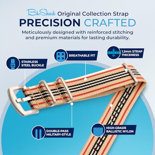 Image of BluShark - Original Collection Military-Style Waterproof Watch Strap, Fits All Timepiece Brands, Durable Nylon Wristwatch Accessories with Stainless Steel Buckle - 18mm, 20mm, 22mm & 24mm Watch Bands
