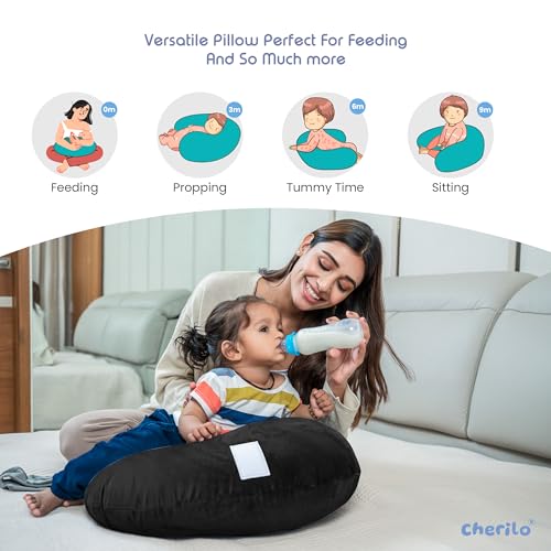 Image of Cherilo Feeding Pillow for New Born Baby, Nursing Pillow for Breastfeeding, Baby Support with Adjustable Strap & Bottle Holder (Pouch) | Washable Premium Velvet Cover with Zip | Black