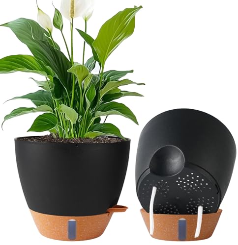 2 Pack 10 inch Plant Pots, Plastic Self Watering Planters with Drainage Holes, Deep...