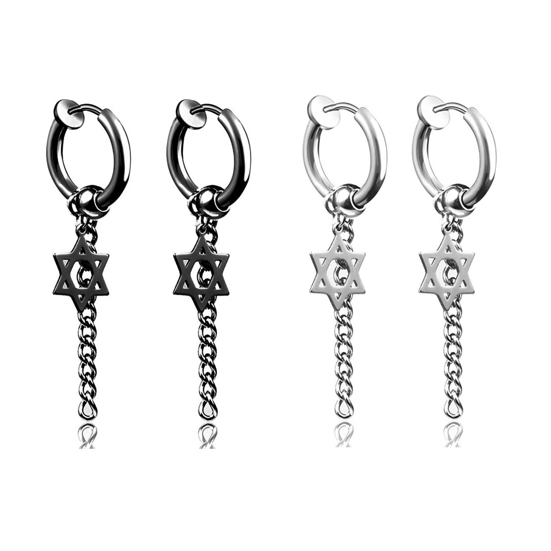 EUJEBEDA 2 Pares de Pendientes Magnéticos No Perforante Pendientes Colgantes de Plumas de Acero Inoxidable Pendientes de Imán CZ Pendiente de Aro de Cruz con Bisagras（Cadena de estrella hexagonal）