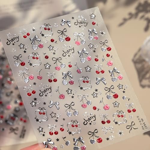 Image of Cherry Bow Nail Stickers Silver Nail Decals 5D Embossed Self Adhesive with Star Design DIY Manicure Cute Charms Supply Decoration for Women 1 Sheets