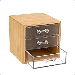 Organizador de Mesa com 3 Gavetas, Bambu Natural, Transparente, 15x13x11 cm, Mini Gaveteiro para Escritório, Cosméticos, Acessórios
