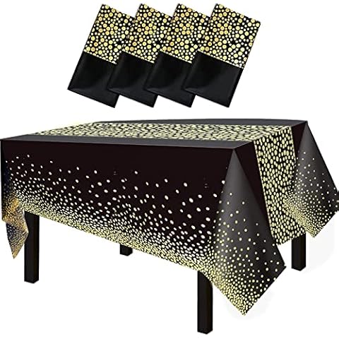 FECEDY 4 Packs 54"x108" Gold Wave Point Black Disposable Plastic Table Cover Waterproof Tablecloths for Rectangle Tables up to 8 ft in Length Party Decorations Cover