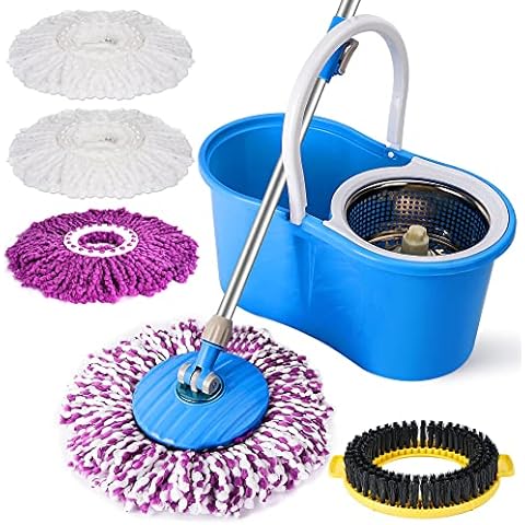 Enya Magic Spin Mop and Bucket Set Floor Mop Home Cleaning with four MICROFIBER Wet/Dry Cleaning Mop Head - Colors - Black/Blue - Blue Cover
