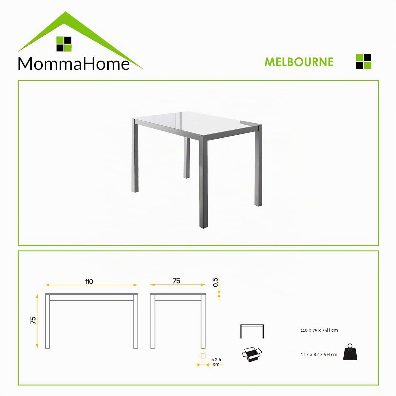 MOMMA HOME - Tavolo da Pranzo - Modello Melbourne - Bianco Puro - Misure 110 x 75 x 75 cm - Vetro Temperato e Struttura in Metallo - Rettangolare