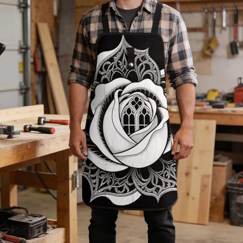 Delantal de trabajo floral negro y blanco con 8 bolsillos miniatura 5