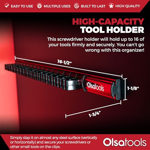 Image of Olsa Tools Magnetic Screwdriver Organizer - Screwdriver Holder with Strong Magnets and Foam Backing - Professional Tool Holder and Tool Organizer - Stores up to 16 Screwdrivers - Red - Part: 1008