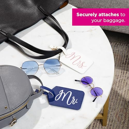 Miamica Mrs. & Mr. Luggage Tags – Set of 2 Faux Leather Suitcase Tags with Sturdy Buckle Straps – 6.85" x 3" Each – Cute Honeymoon, Bachelorette, Engagement Gifts4