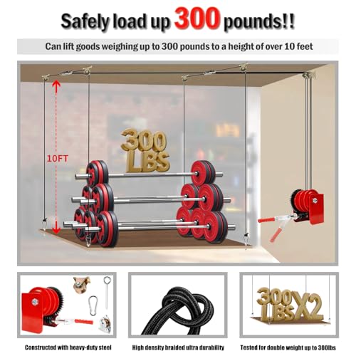 Adjustable-Overhead-Storage-Lift--Heavy-Duty-Garage-Ceiling-Storage-Racks-300-lbs-Capacity-Ceiling-Mounted-Hoist-Overhead-Garage-Storage-Rack-System-for-Garage-Organization