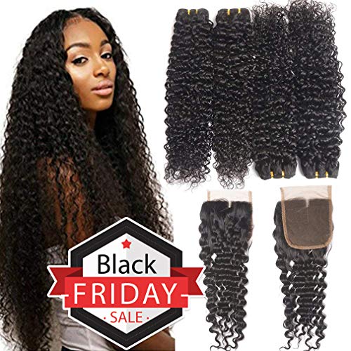 10A Brazilian Hair 4 Bundles with Closure Water Wave (24 26 28 30+Closure 20, Middle Part) Remy Wet and Wavy Hair Weave Bundles with 4x4 Lace Closure Resaca Unprocessed Virgin Human Hair
