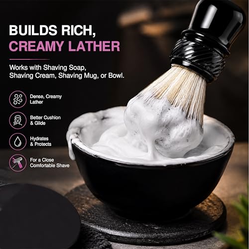 Image of Pink Woolf Shaving Brush for Men | Synthetic Bristles | Creates Rich Lather with a Shaving Cream or Shaving Soap for a Smooth, Irritation-Free Shave | Soft Shaving Brush (Black Handle), 24mm Knot