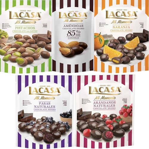 Lacasa Mi Momento pack de 5:Almendra 85% 65G,Arándano choco Negro 125G,Pasas choco Negro 150G,Naranja choco Negro 125G,Pistacho Leche 100G