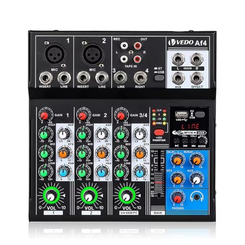 AF4 Mixer Profissional 4 Canais com Bluetooth, Phantom Power 48V e Entradas XLR/TRS - USB Type-C, Controle de EQ 3 Bandas e Saída AUX para DJ, Home Studio e Transmissões Ao Vivo