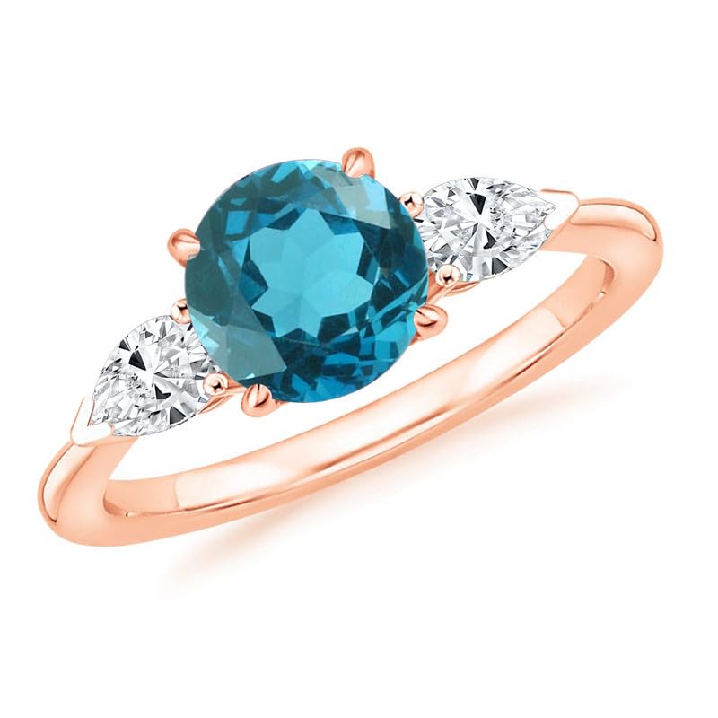 Miniatura 9 de Round & Pear Cut London Blue Topaz And White Diamond 3 Stone Engagement Ring, 14k Yellow Gold Finish Ladies Bridal Three Stone Propose Ring, Topaz &