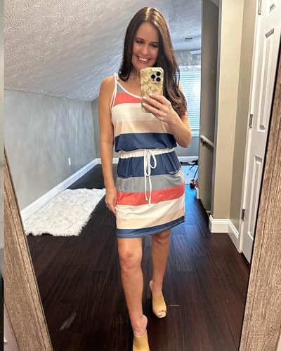 Image of AUSELILY Womens Summer Dresses Sleeveless Spaghetti Strap Beach Cover up Drawstring Waist Mini Short Dress with Pockets