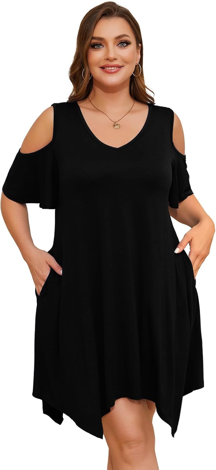 LARACE Womens Summer Casual T Shirt Dresses Cold Shoulder Flowy Dress with Pockets