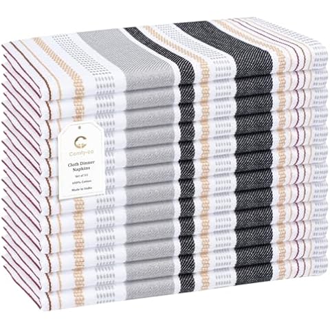 Comfy-co Set of 12 Cloth Napkins 100% Cotton 18x18 inches - Soft Durable Washable - Ideal for Farmhouse Party Wedding Christmas - Perfect Everyday Use Salsa Stripe Table Dinner Napkins Grey Multi Cover