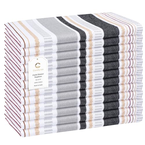 Comfy-co Set of 12 Cloth Napkins 100% Cotton 18x18 inches - Soft Durable Washable - Ideal for Farmhouse Party Wedding Christmas - Perfect Everyday Use Salsa Stripe Table Dinner Napkins Grey Multi