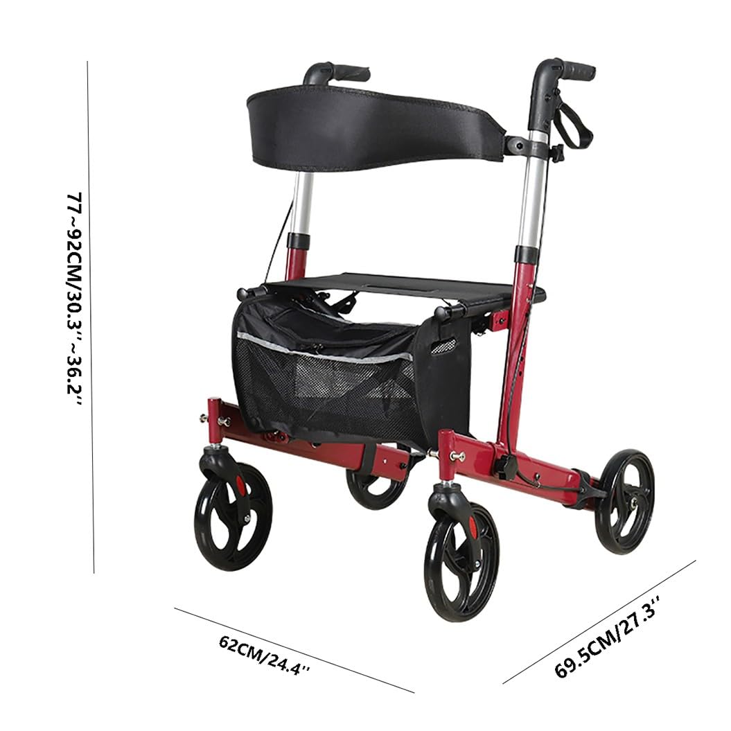 4 Ruedas Caminadores para Mayores,Andador para Exteriores de Aluminio,Andador plegable ligero,Rollator,altura ajustable,Andador para ancianos red