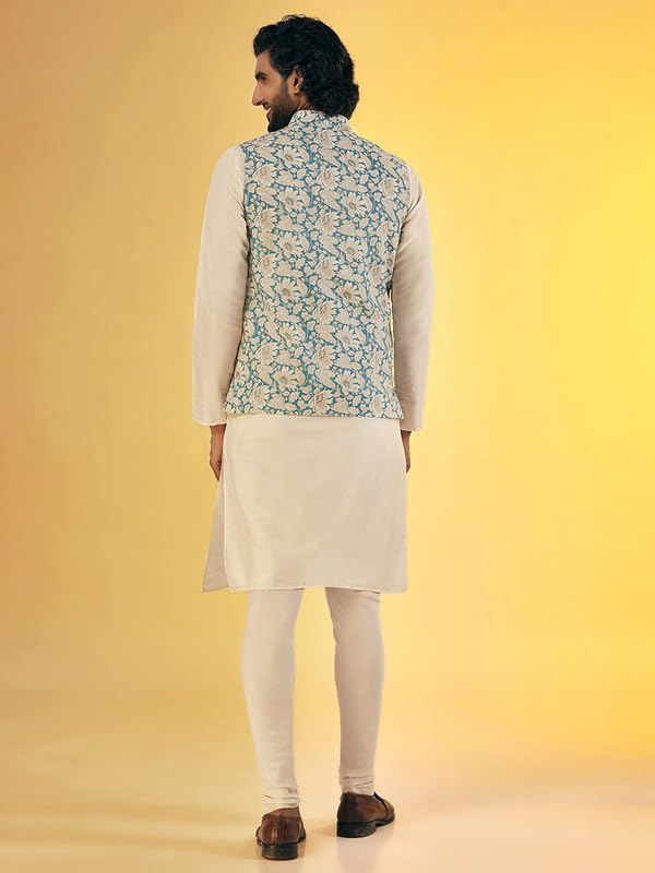 Image of KISAH Men Printed Kurta Jacket Set, Full Sleaves, Knee Length, Straight, Regular Fit, Mandarin Collar Ethnic Wear