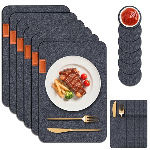 Platzsets Filz Abwaschbar, Hitzebeständige Tischsets und Untersetzer, 6 Waschbare Tischmattes, 6-rutschfeste Filzuntersetzer und 6-Besteckhüllen, Schützen Sie Ihren Küchen (Platzset Filz-Rechteckig)