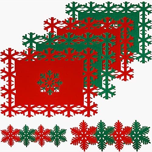 Jorunb 12Pcs Christmas Placemats Coaster Set of 4 Xmas Snowflake Christmas Trees Table Mats Winter Holiday Coaster Red Green Felt Place mat for Outdoor Home Party Kitchen Dining Decoration