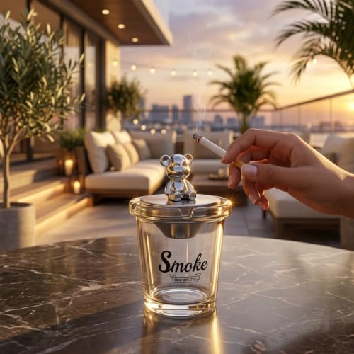 Image of NYRWANA Glass Ashtray with Stainless Steel Funnel | Portable Cigarette Ashtray | Windproof Ash Cup Holder for Home, Office, Bar, Living Room, Patio & Smoking Area | Clear Glass