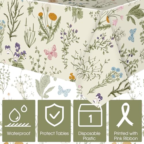 Image of Ganeen 3 Pcs Spring Wild Floral Tablecloth Disposable Plastic Table Covers Watercolor Wildflower Table Cover Waterproof Tablecloths for Summer Birthday Wedding Party Decor, 54 x 108 Inch