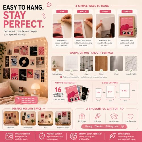 Image of 17 Piece Aesthetic Poster Set | 300 GSM Multi-Sized Wall Posters with Adhesive Tape | Music, Retro, Paris & Vintage Art Prints for Bedroom, Room Decor, Home Decor, Living Room & Wall Art