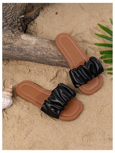 Image of GORGLITTER Girl's Ruched Single Band Chic Flats Square Open Toe Pu Leather Slide Sandals