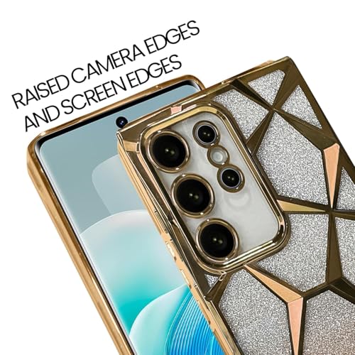 Image of VONZEE Gradient Glitter Case for Samsung S25 Ultra, Luxury Electroplated 3D Cube, Diamond Bling Shiny Soft TPU Clear Shockproof Women Girls Protective Phone Cover (Gold)