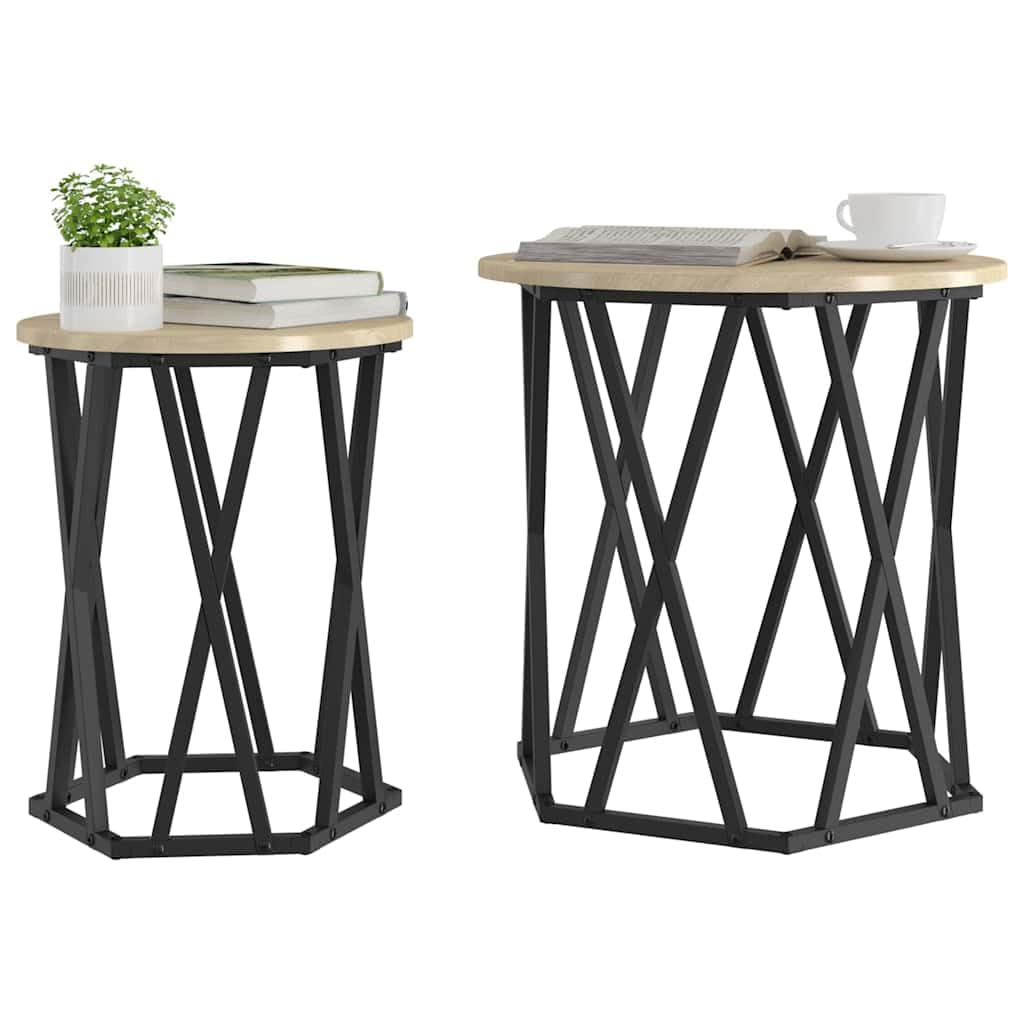 Set di 2 tavolini rotondi in rovere Sonoma, legno e acciaio | Eleganti tavolini rotondi per il soggiorno. Piano del tavolo opaco facile da pulire con robusto telaio in acciaio.