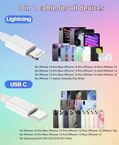 Image of Multi Charging Cable USB C 6ft,3 in 1 Charging Cable and Lightning Cord Fast Charger for Multiple Devices,Triple Universal Charger with USBC to Multiple Connectors for iPhone 17 16 15 14 13 12 11-1PC