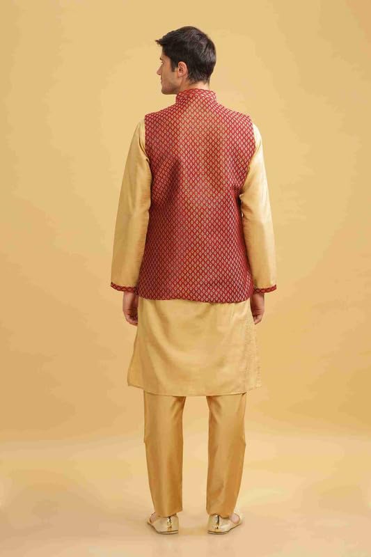 Be Active Men's Regular Kurta Pyjama Set With Nehru Jacket, Solid Straight Long Knee Length Full Sleeves, Ethnic Wear Comfortable Traditional Elegant, Red, Xl (St1207-2-