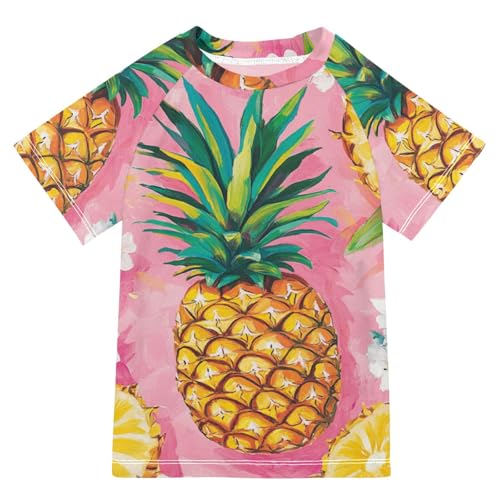 Boys Short Sleeve T-Shirts Pineapple Fruit Watercolor Rashguard Kids Swim Shirts Sun UPF 50+