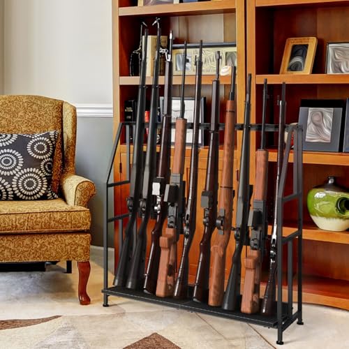 Nandae Gun Rack, Floor Standing Shotgun Racks Indoor, Heavy Duty Metal Frame Wooden Rifle Racks with Foot Padding, Vertical Gun Display Stand for Home Garage Gun Storage - Holds up to 10 Long Guns